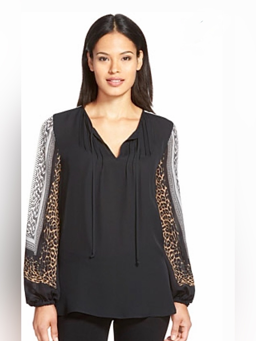 KOBI HALPERIN Lilly Blouse Flowy Silk Top in Black With Animal Print Sz L Luxury